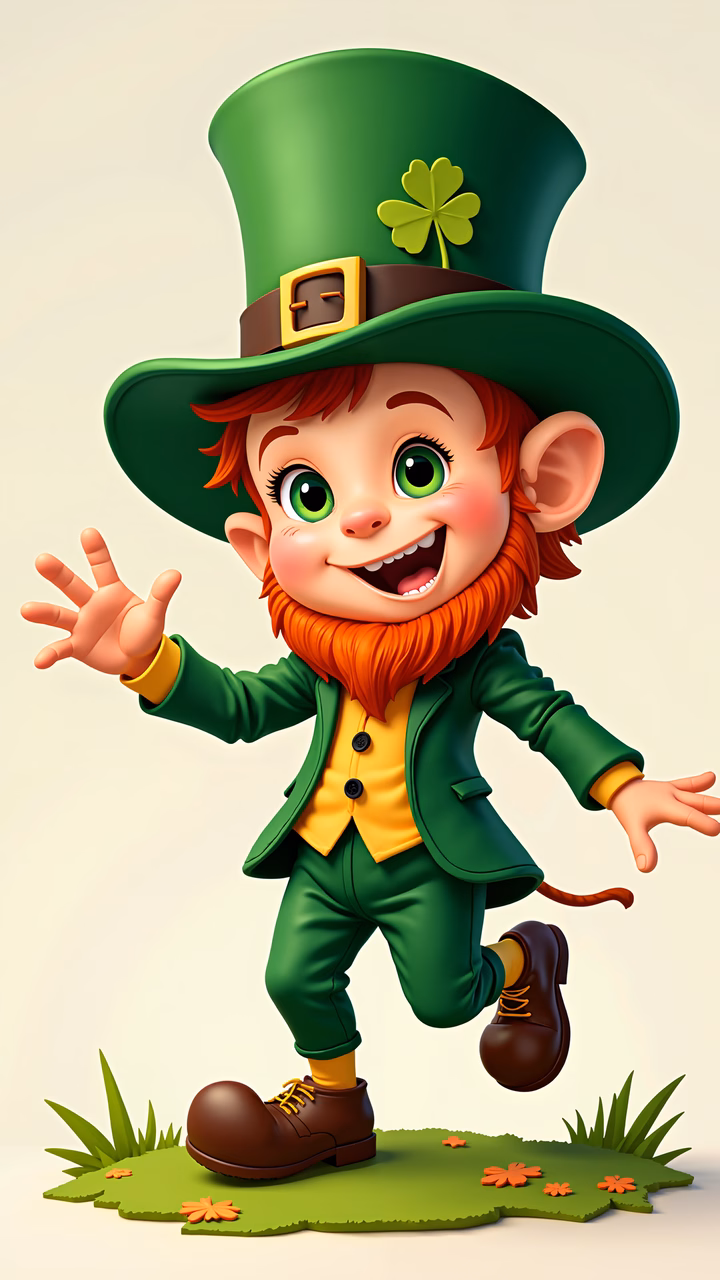 A happy leprechaun in traditional green attire, perfect for St. Patrick's Day celebrations.