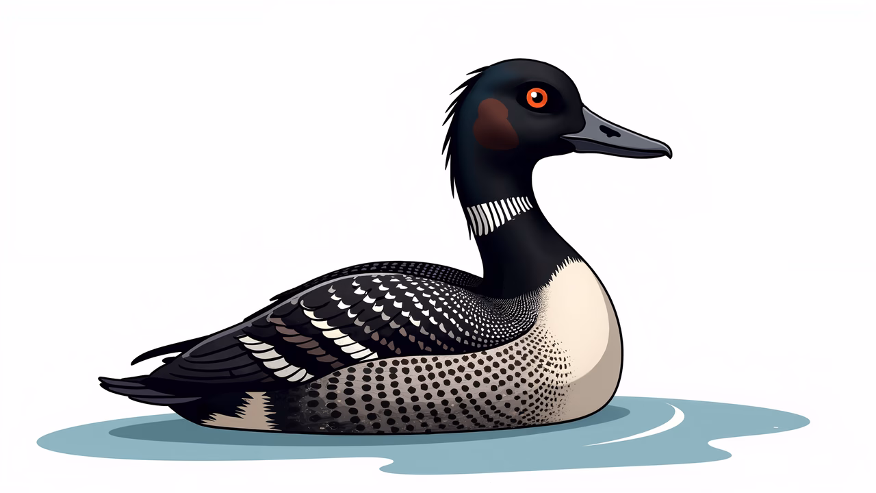 Detailed illustration of a loon with striking black and white plumage and piercing orange eye.