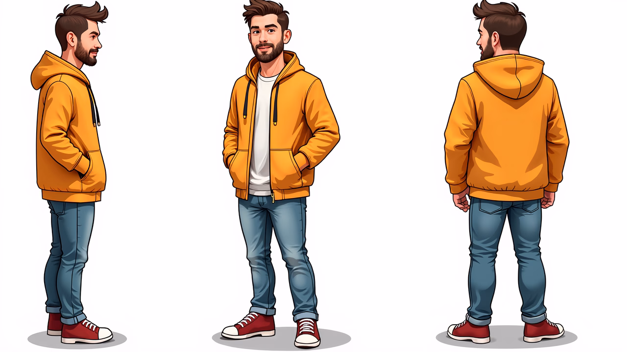 Casual fashion illustration featuring a man in a yellow hoodie and blue jeans.