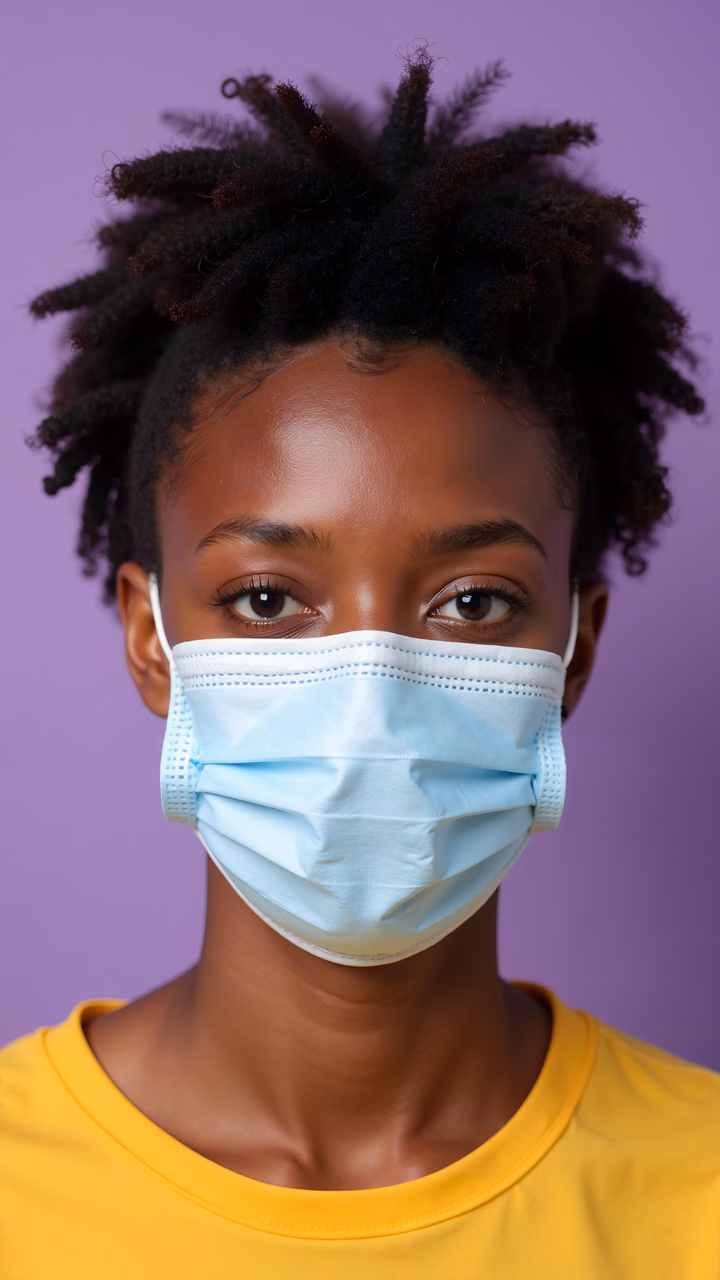 Close-up portrait of a person wearing a surgical mask on a purple background.