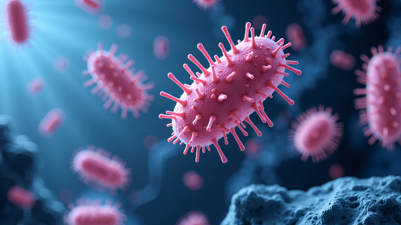 Vibrant pink bacteria in a microscopic setting.