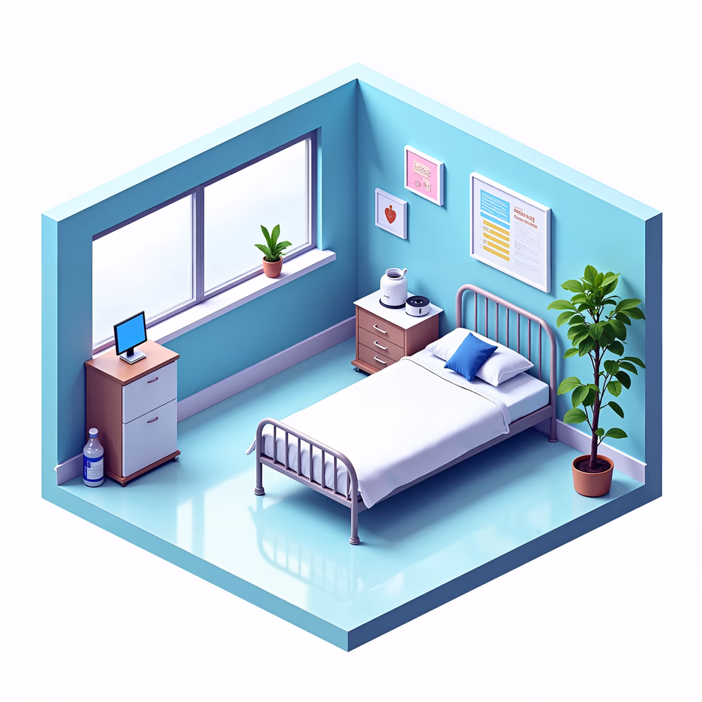 A minimalist bedroom with blue tones and natural light, featuring a bed, desk, and window.