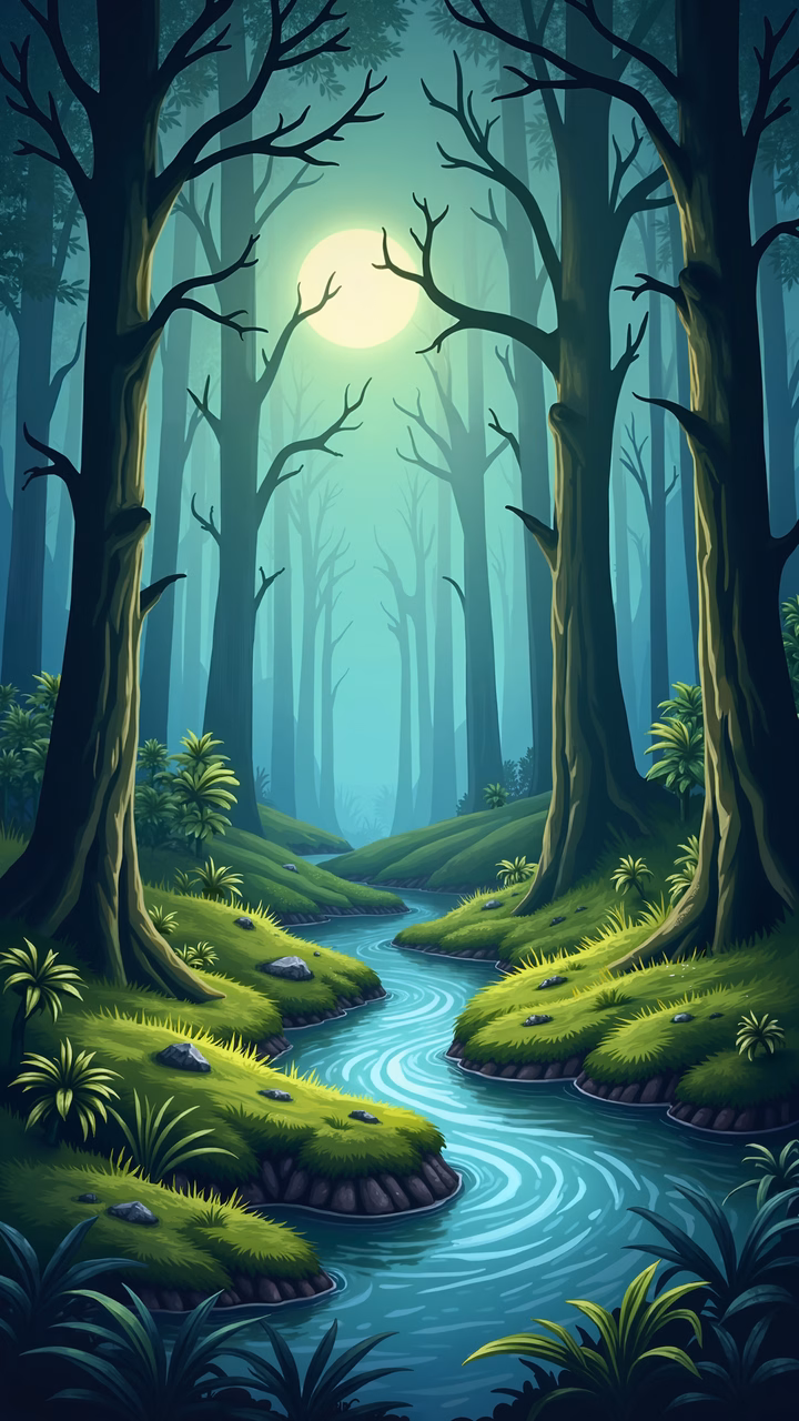 A peaceful forest scene illuminated by moonlight, featuring tall trees and a meandering river.