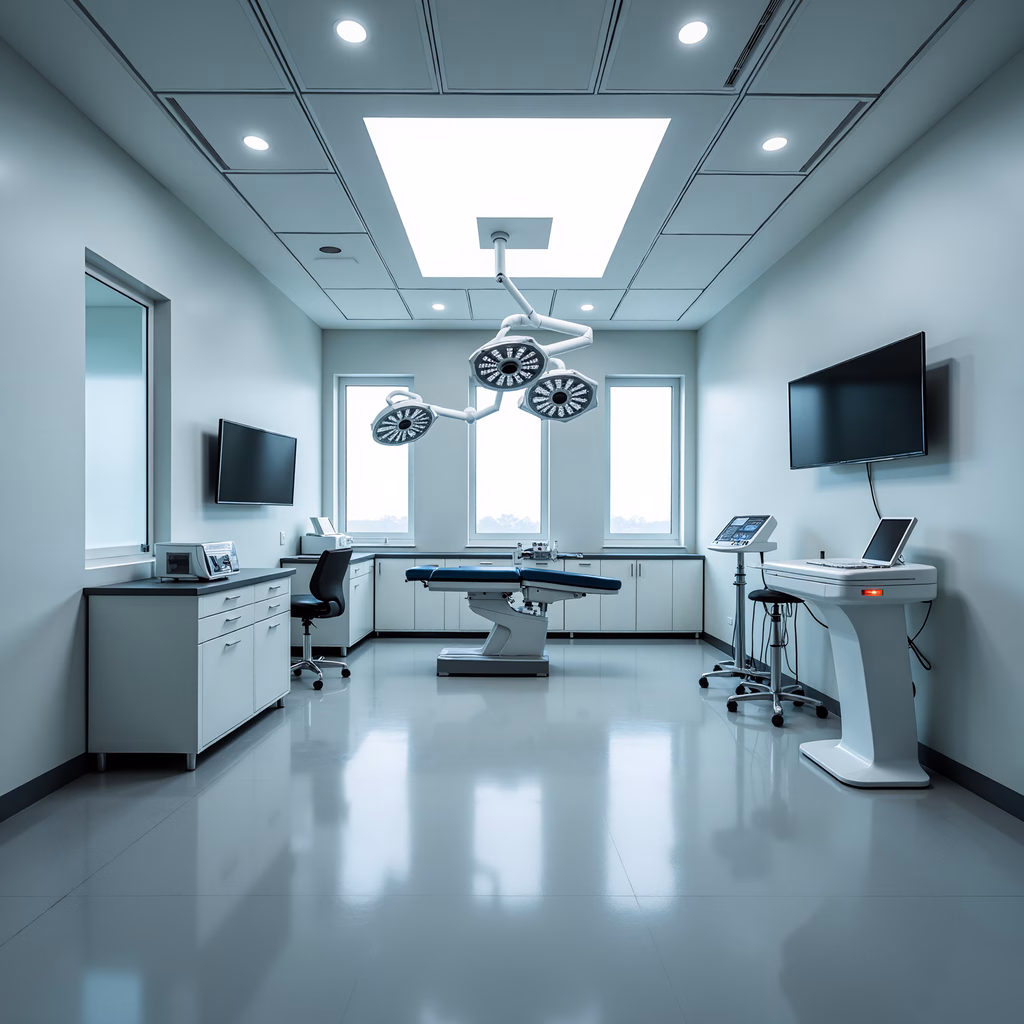 A modern, sterile operating room with advanced medical equipment and bright lighting.