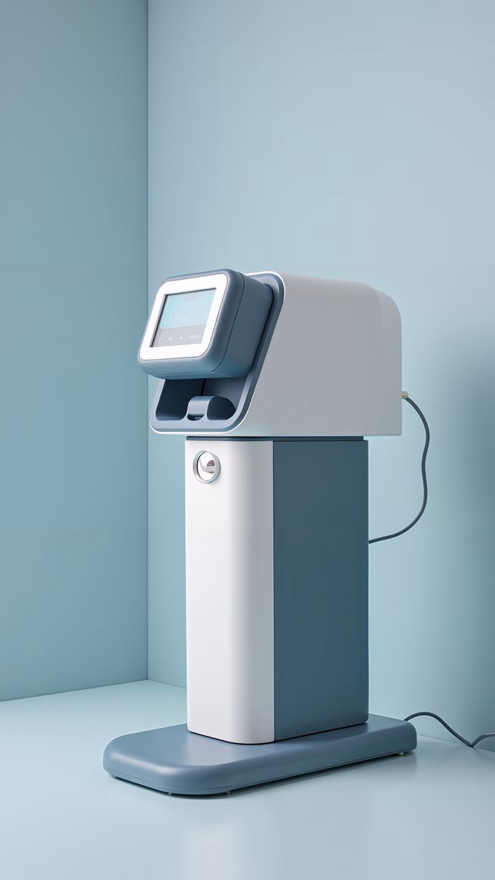 Sleek, modern self-service kiosk with a minimalist design and touch screen interface.