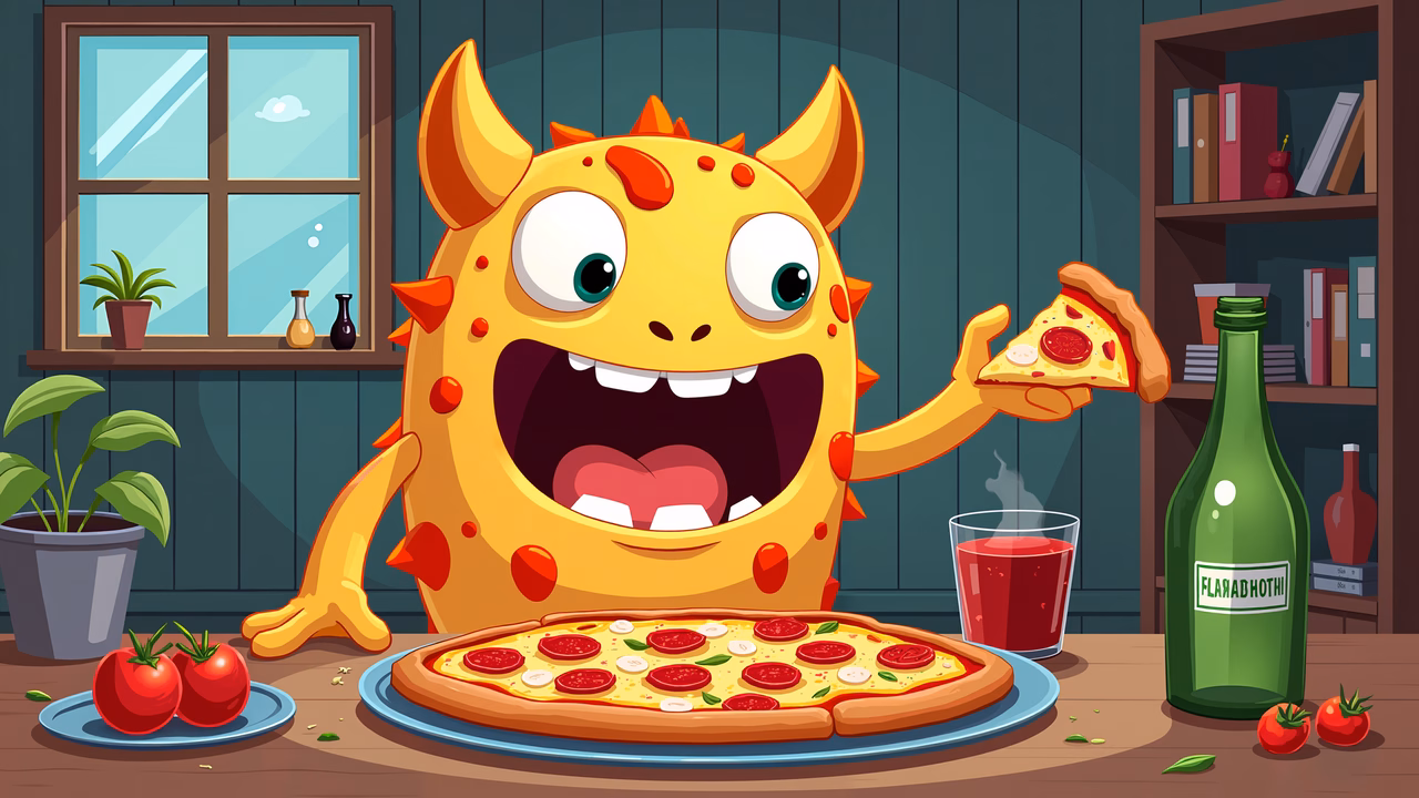 A happy monster enjoying a slice of pizza in a cozy room.