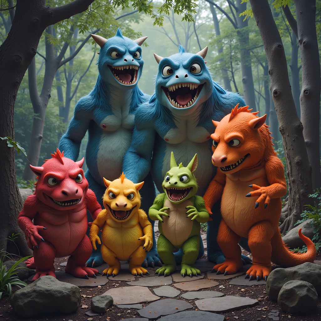Colorful monsters in a forest gathering, whimsical fantasy scene.