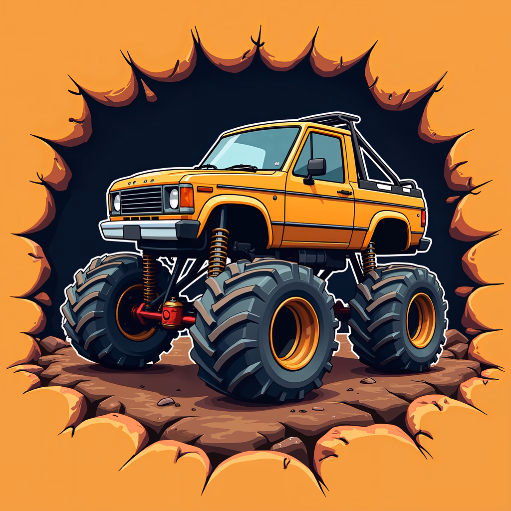 Rugged monster truck breaking through a rocky wall, bold orange tones, dynamic composition, adventurous spirit.