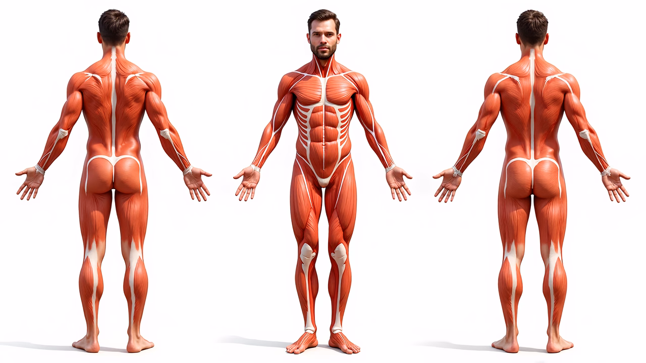 Detailed anatomical illustration of muscular system in red and white tones.