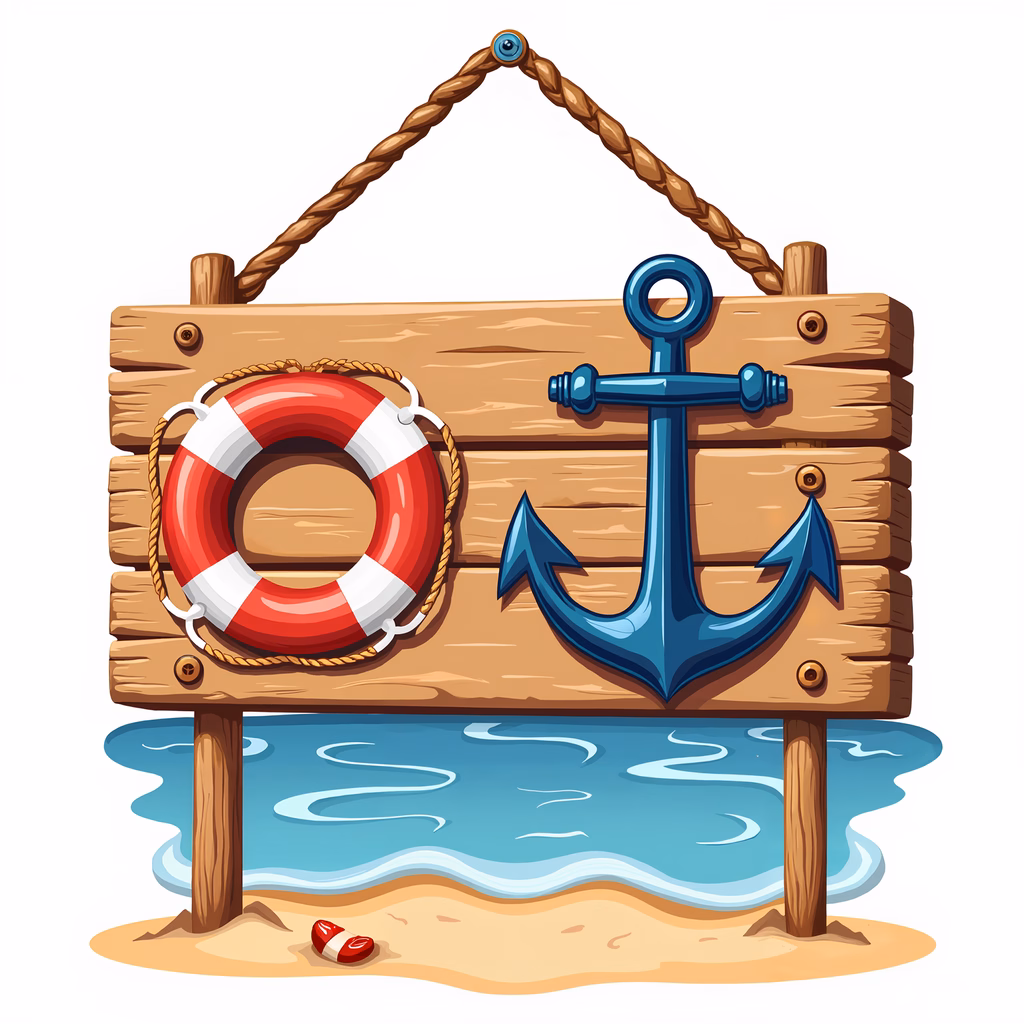 Vibrant nautical-themed signboard with lifebuoy and anchor on sandy beach.
