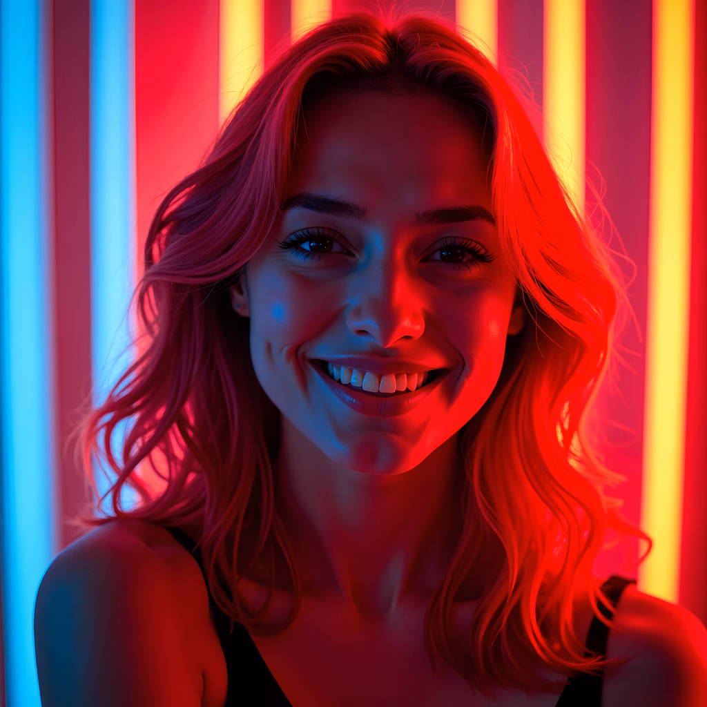 Vibrant neon portrait capturing a radiant smile.