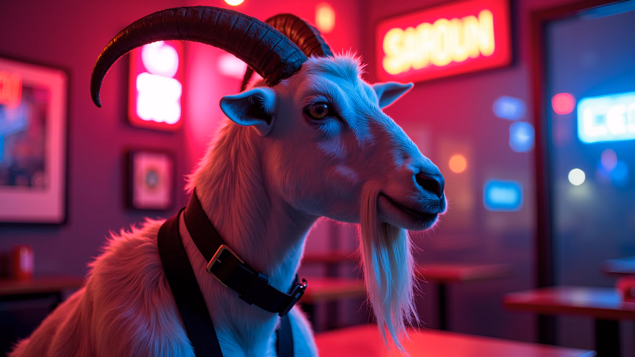 A neon-lit goat in a vibrant urban setting, blending modern art with surrealism.