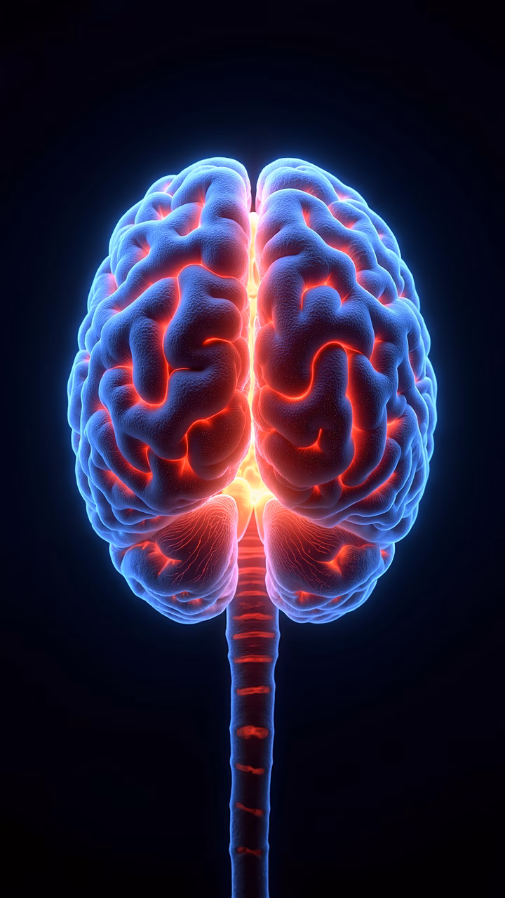 Vibrant brain illustration with glowing red and blue tones.