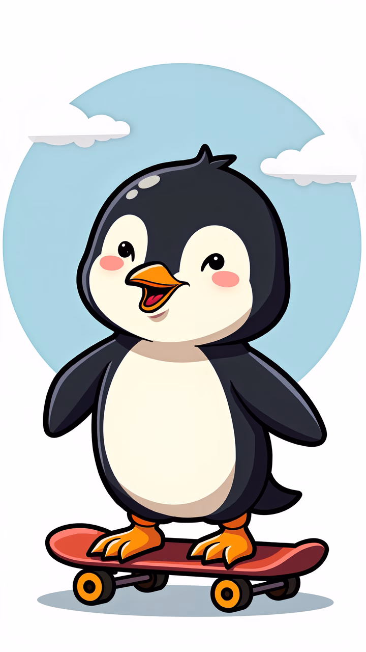 A cute penguin enjoys a ride on a skateboard under a serene sky.