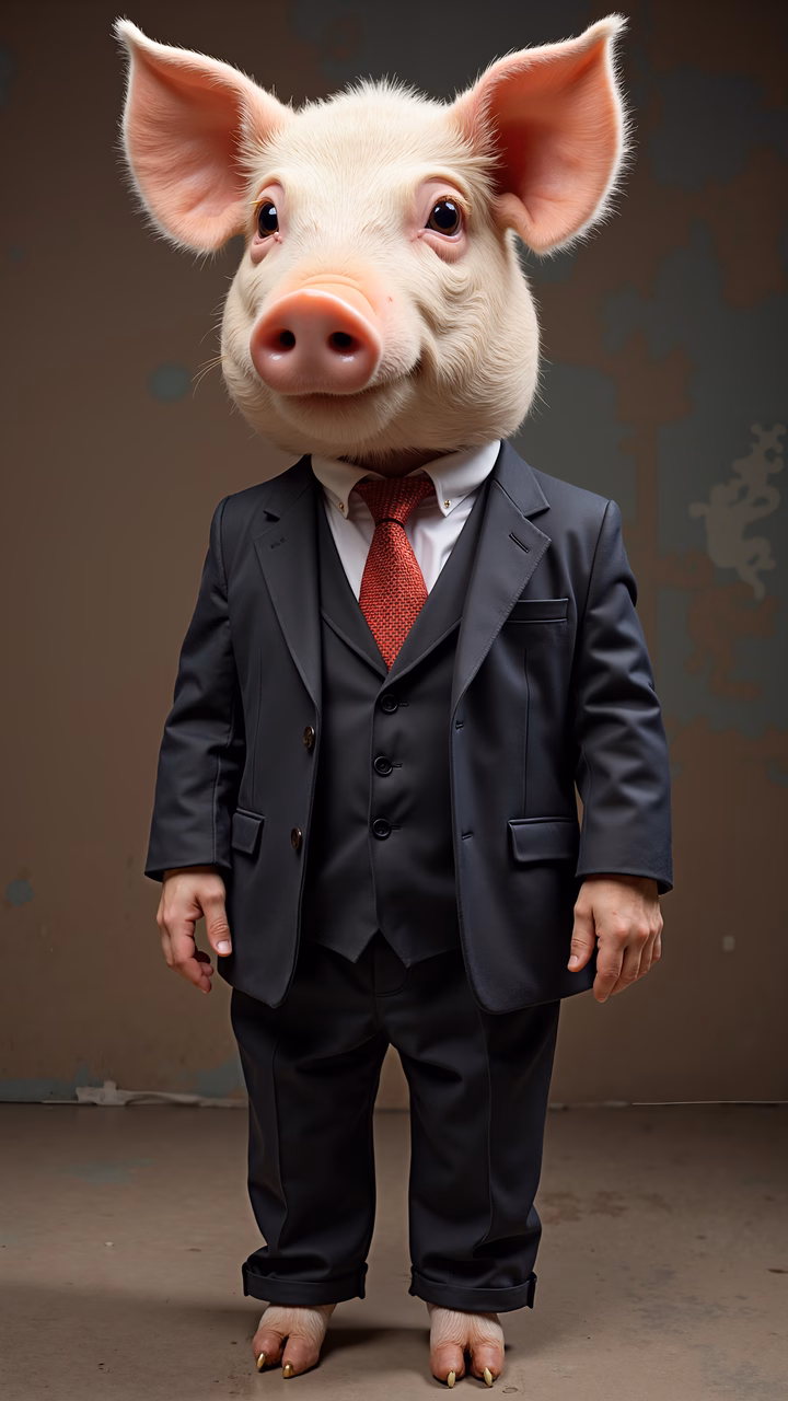A pig in a formal suit, blending humor and sophistication.