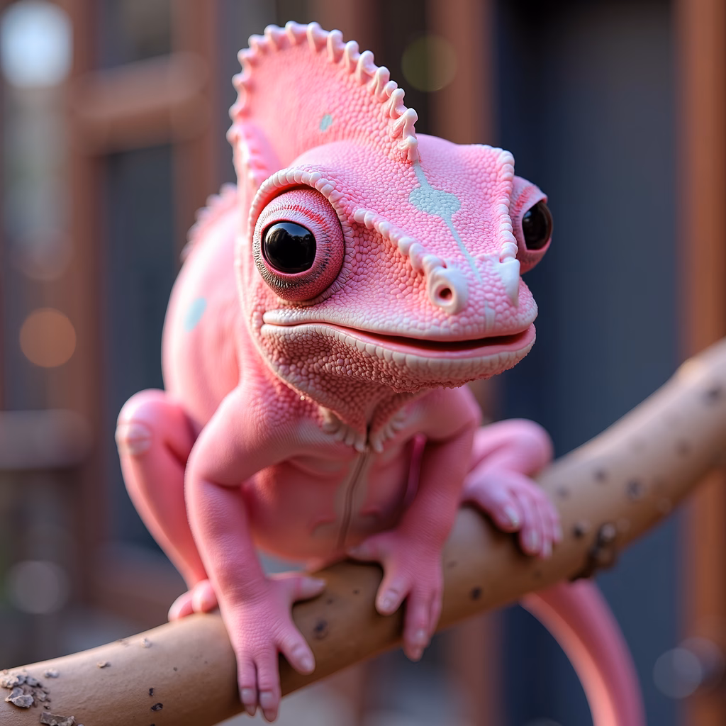 Whimsical pink chameleon perched on a branch, soft and gentle atmosphere.