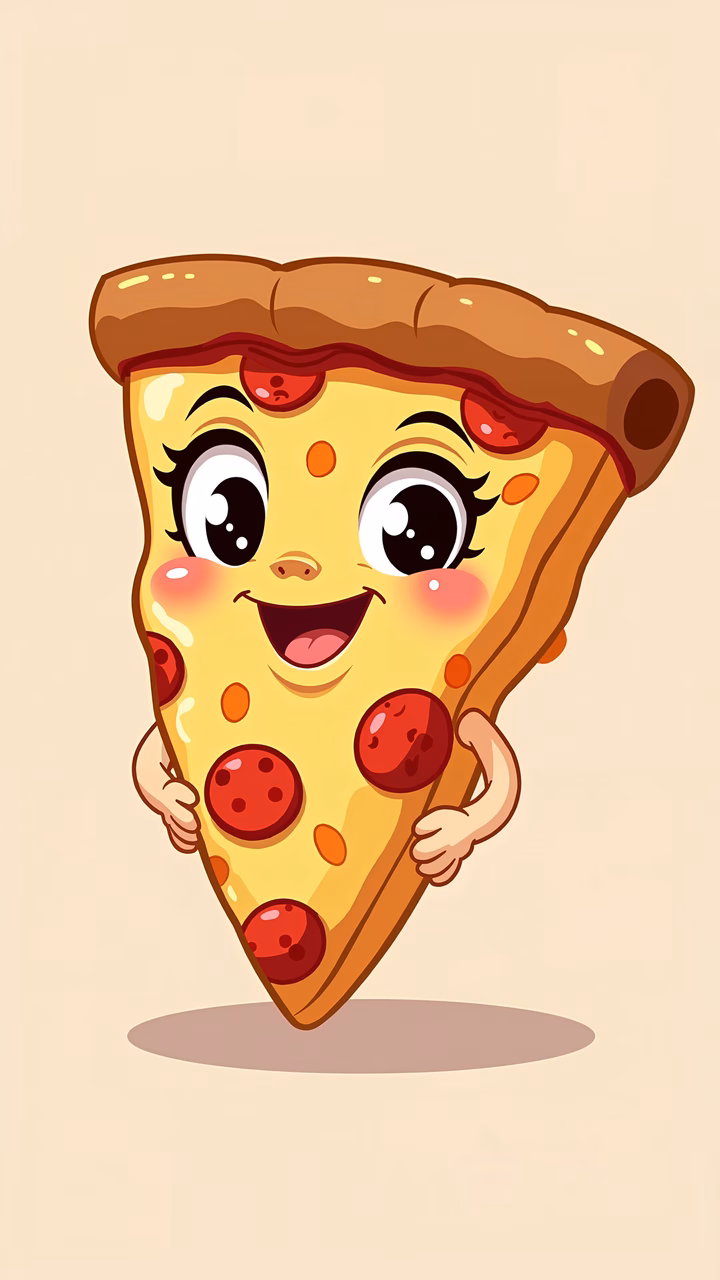 A cute pizza slice character with expressive eyes and rosy cheeks, perfect for food art enthusiasts.