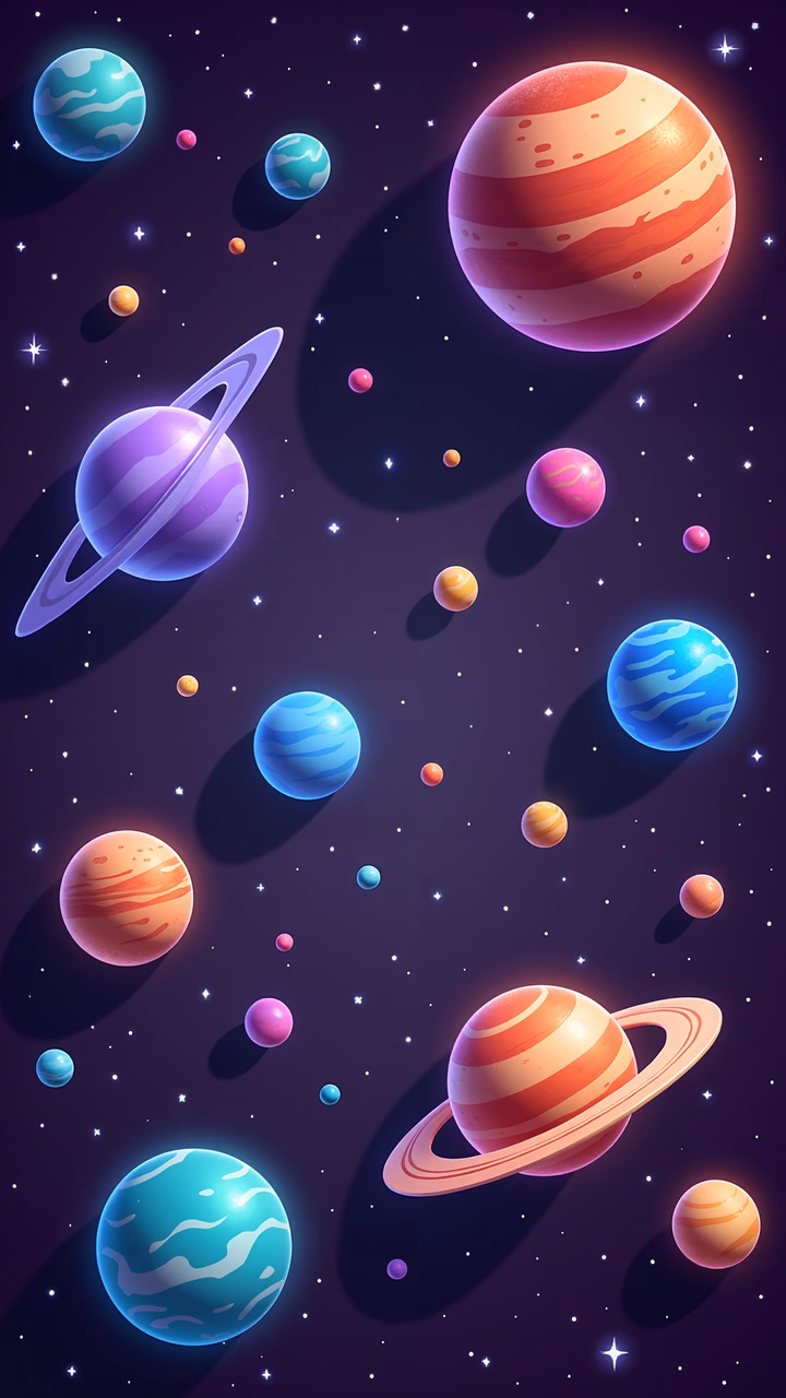Whimsical space art featuring colorful planets and twinkling stars.