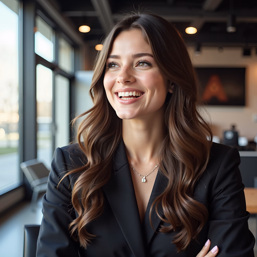 Brightly lit professional portrait of a confident woman in a sleek black blazer.