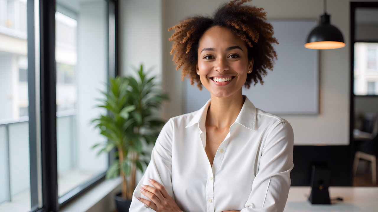 Confident professional in a modern office environment.