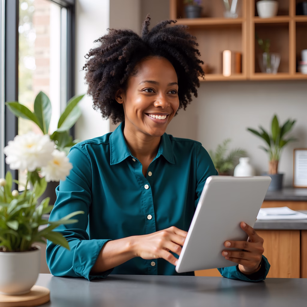 Professional woman smiling while working on a tablet in a modern office setting.