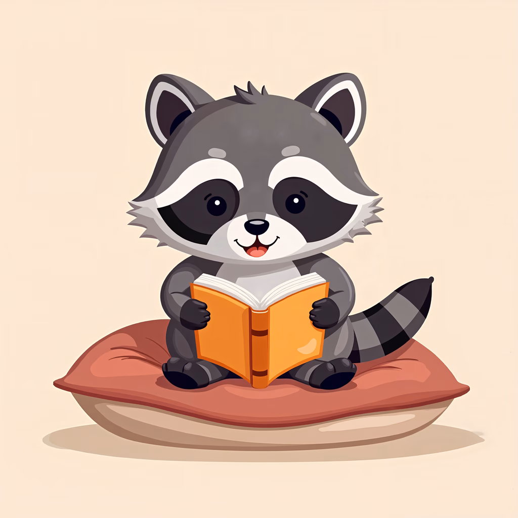 A cute raccoon reading a book, perfect for kids!
