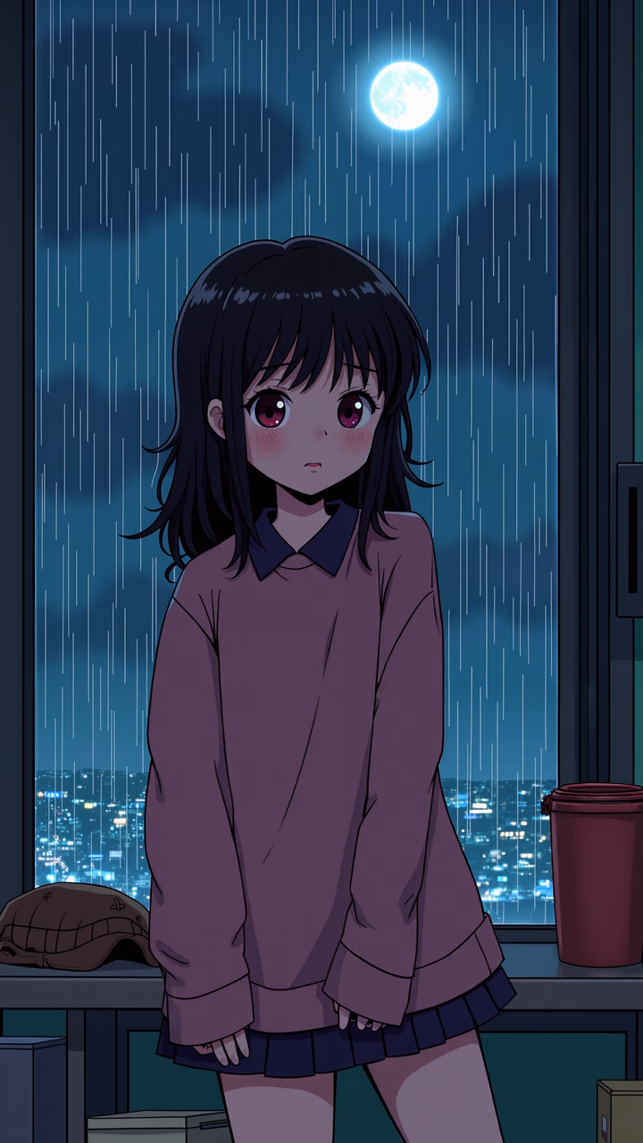 A lone figure in a rainy night setting, reflecting on life amidst urban lights.