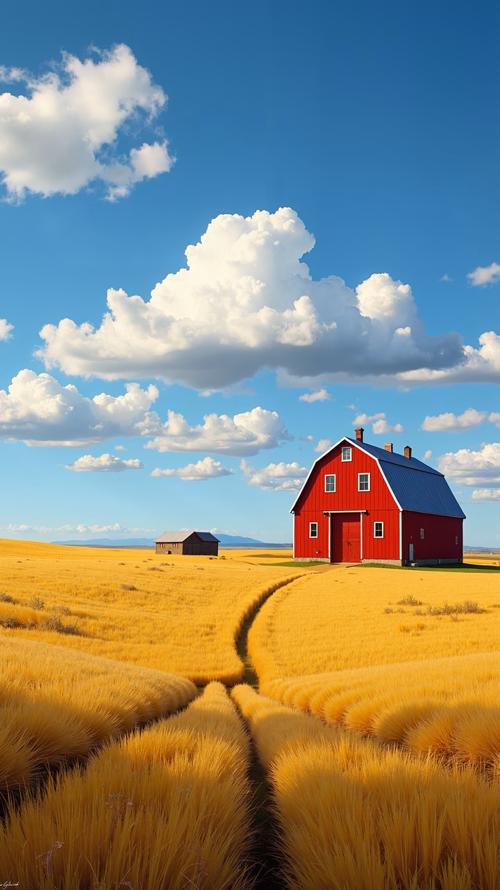 A red barn amidst golden wheat fields under a blue sky with white clouds.