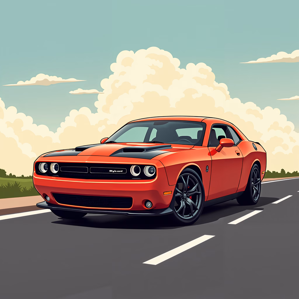 A striking red muscle car illustration set against a peaceful countryside backdrop.