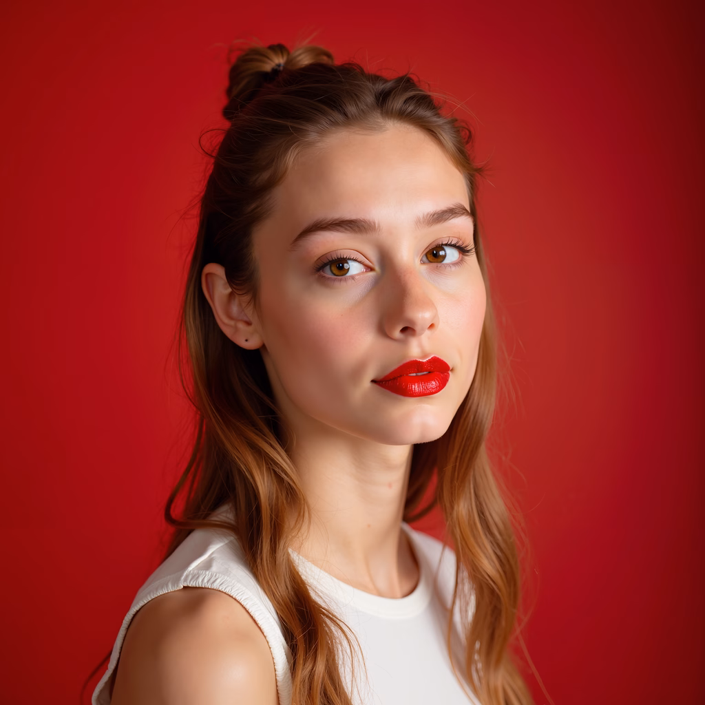 Close-up portrait of a person with red lipstick against a vibrant red background.