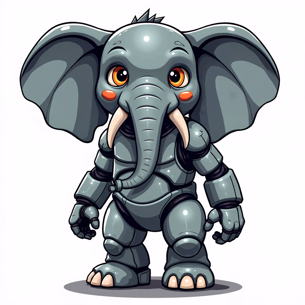 A cute robot elephant in a metallic suit, blending technology and whimsy.