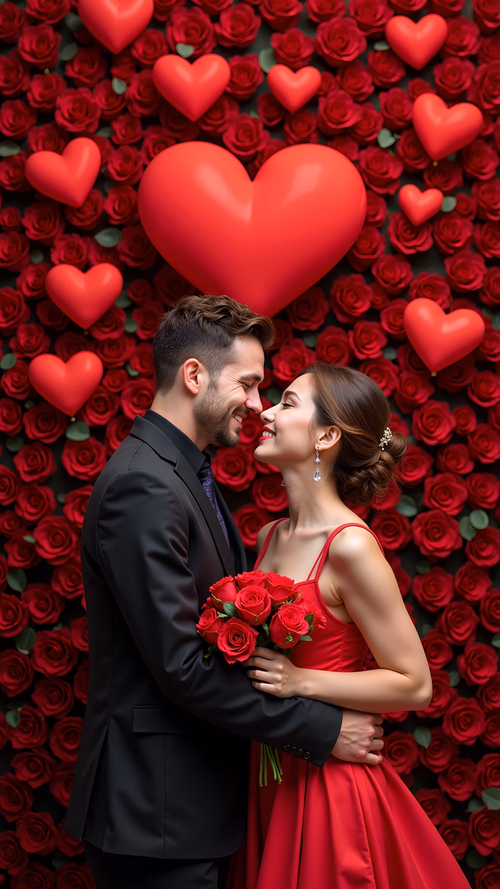 A couple in love amidst a sea of red roses and hearts, celebrating Valentine's Day.