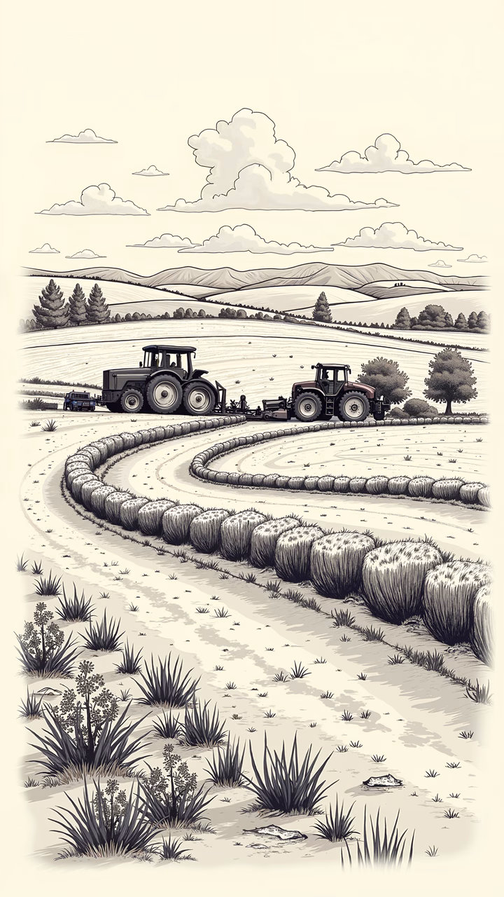 Black-and-white illustration of two tractors harvesting crops in a tranquil rural setting.