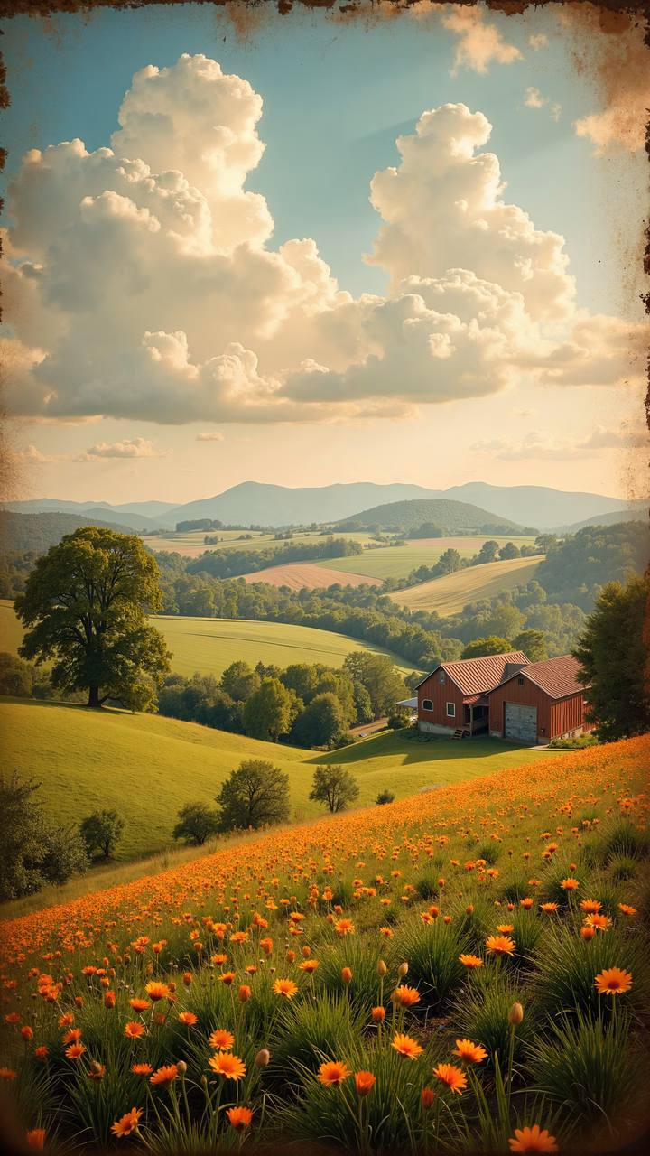 A tranquil rural landscape with vibrant flowers and a rustic barn under a golden sky.