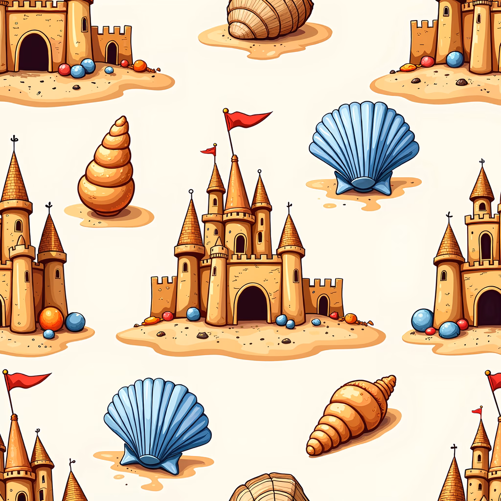 Brightly colored sandcastle pattern with shells and pebbles on a sandy beach.