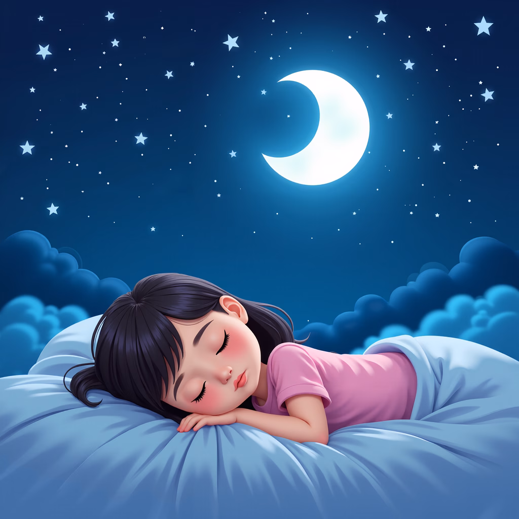 A peaceful illustration of a child sleeping under a moonlit sky, evoking a sense of calm and innocence.