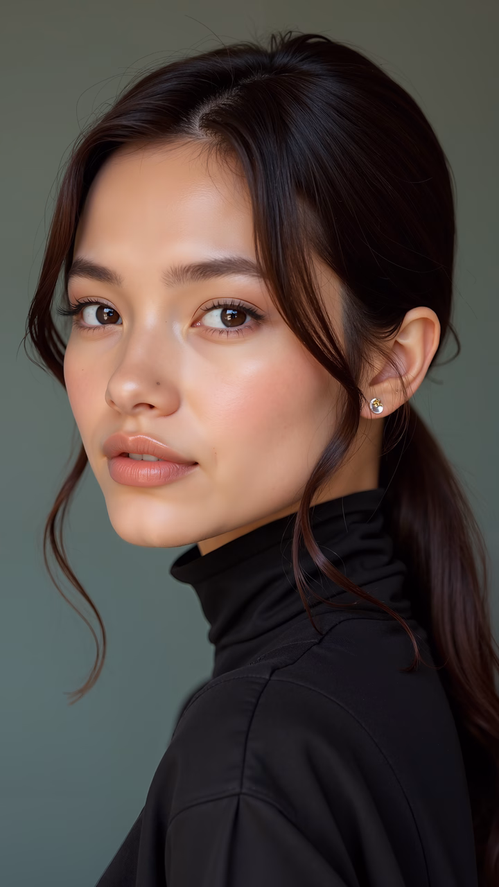 A close-up portrait capturing the serene beauty of a subject with soft lighting and a muted green background.