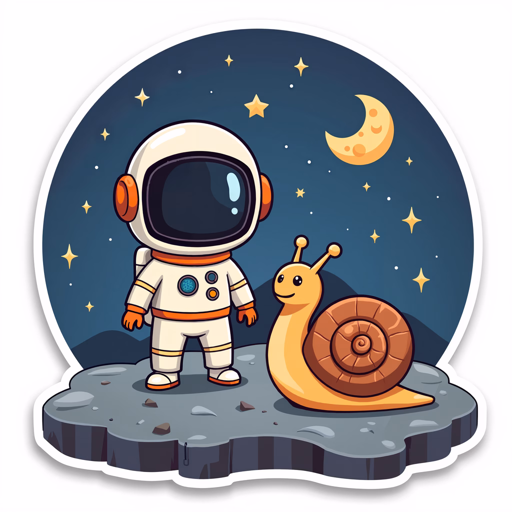Astronaut meets snail on the moon under a starlit sky.