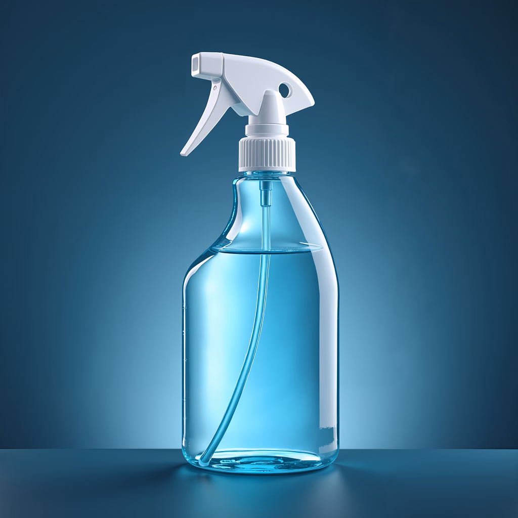 A detailed illustration of a spray bottle with a blue liquid, set against a gradient background.
