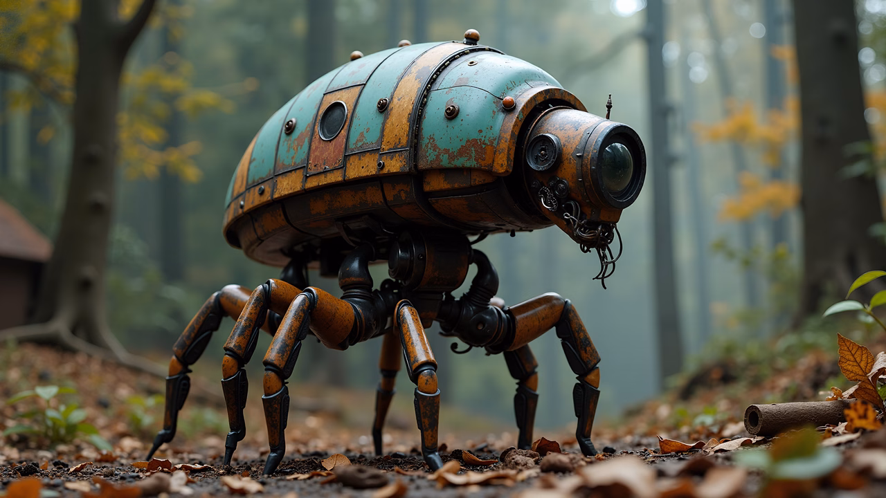 Steampunk spider robot in a foggy autumn forest
