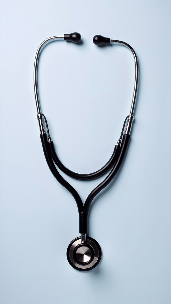 Elegant black stethoscope on a soft blue background, symbolizing medical precision and trust.