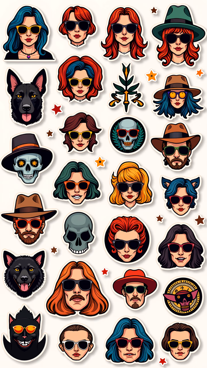 A collection of colorful, stylized stickers featuring faces with sunglasses and hats.