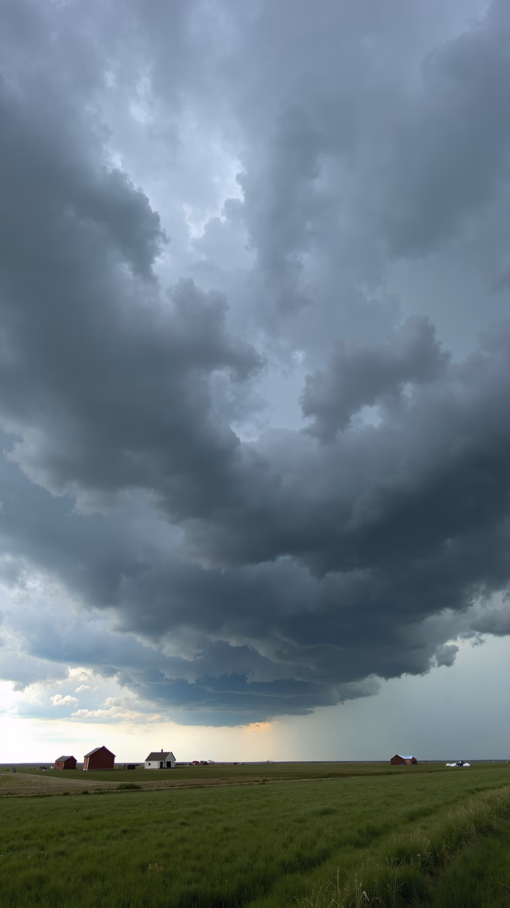 Dramatic storm clouds over serene rural landscape.