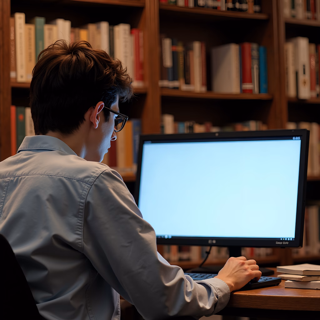 Student engrossed in study at a computer in a serene library setting.