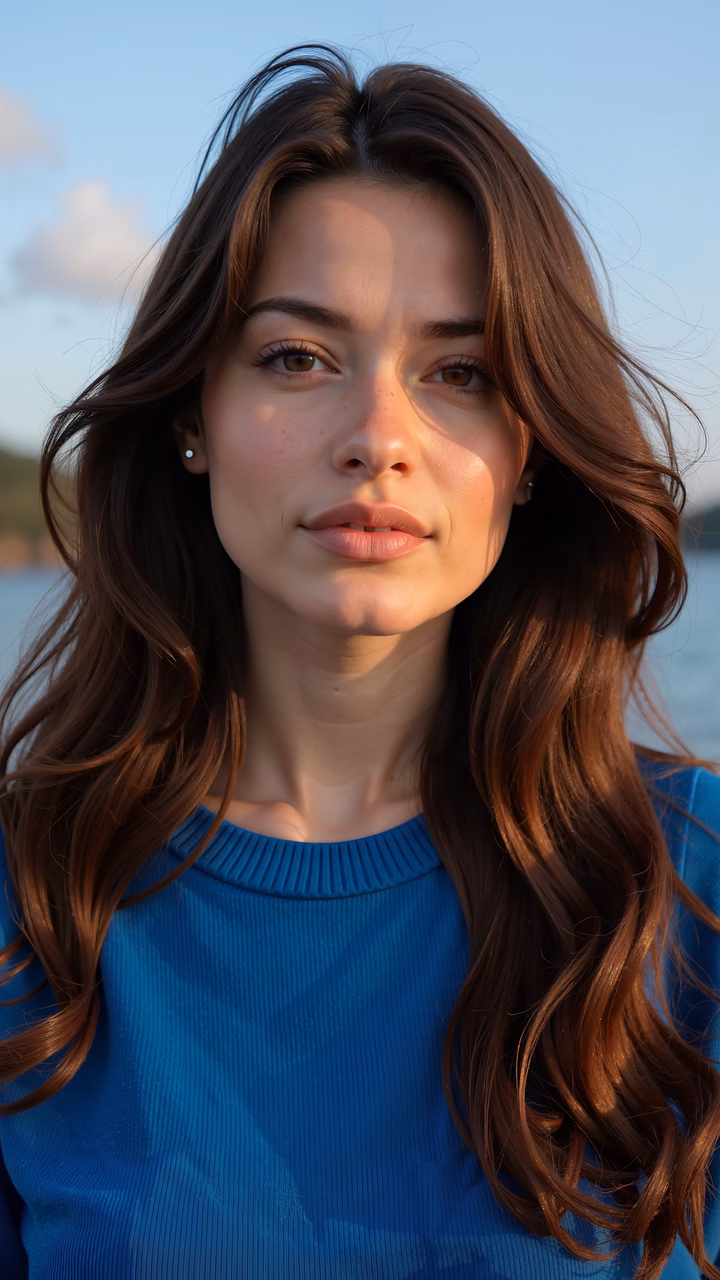 Close-up portrait of a woman glowing in sunlight against a serene sea backdrop.