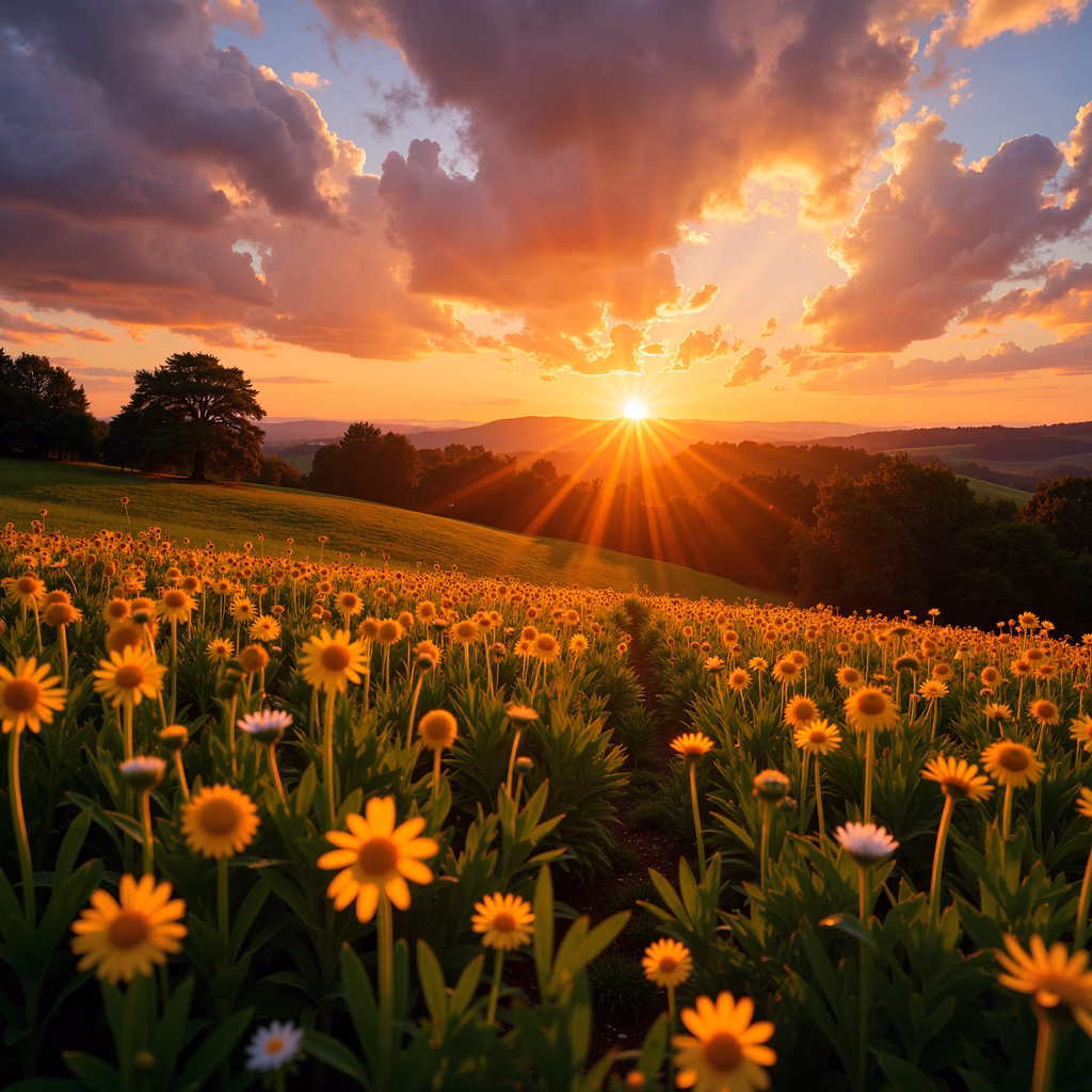 Golden daisies under a vibrant sunset sky, capturing the serene beauty of nature.