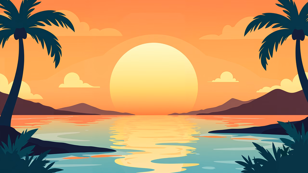 A tranquil sunset scene with palm trees and mountains, perfect for relaxation.