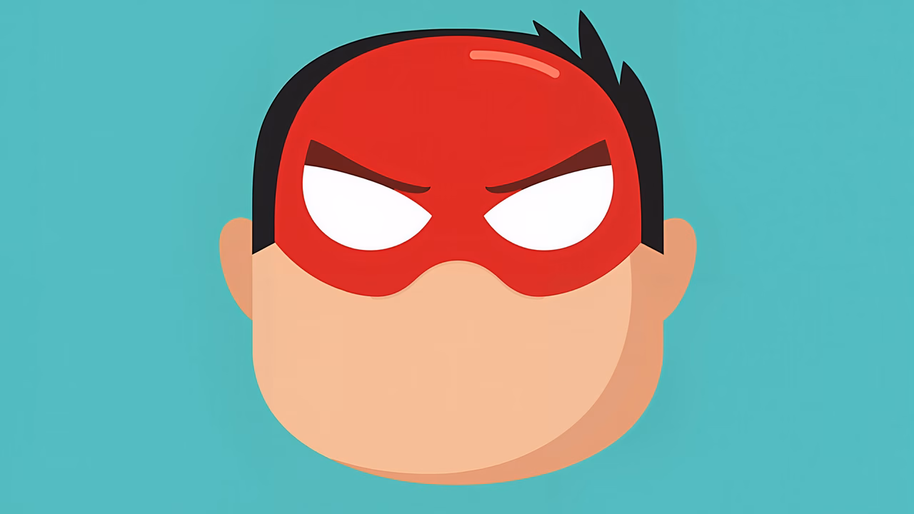 Bold superhero mask with intense eyes on a teal background.