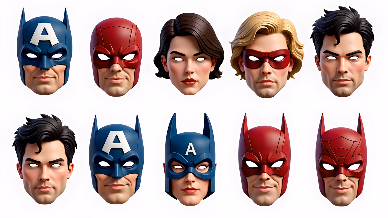 Illustrated superhero masks with bold colors and iconic symbols.