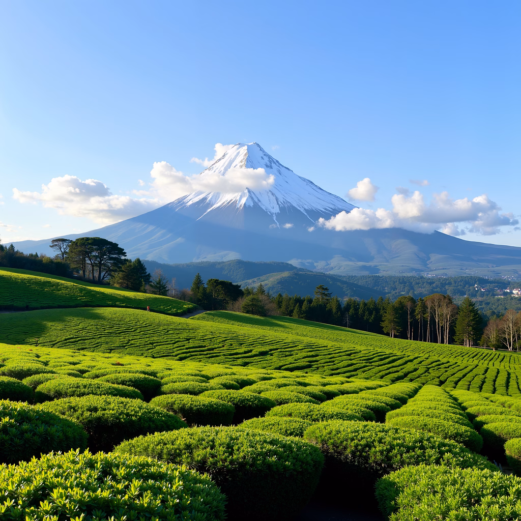 Tea fields and Mount Fuji in serene harmony under a clear blue sky.